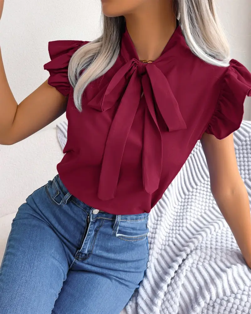 Blue Bow Short Sleeve Top for Women Summer Wear — feature 15