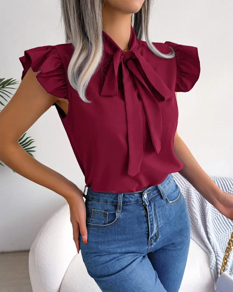 Blue Bow Short Sleeve Top for Women Summer Wear — feature 16