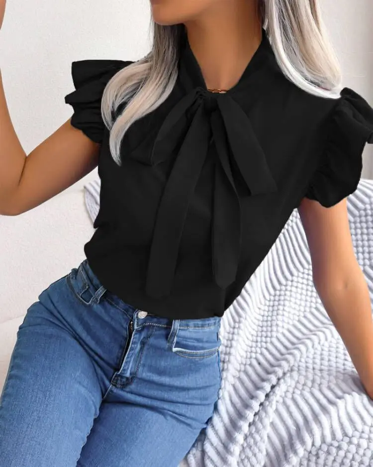 Blue Bow Short Sleeve Top for Women Summer Wear — feature 19