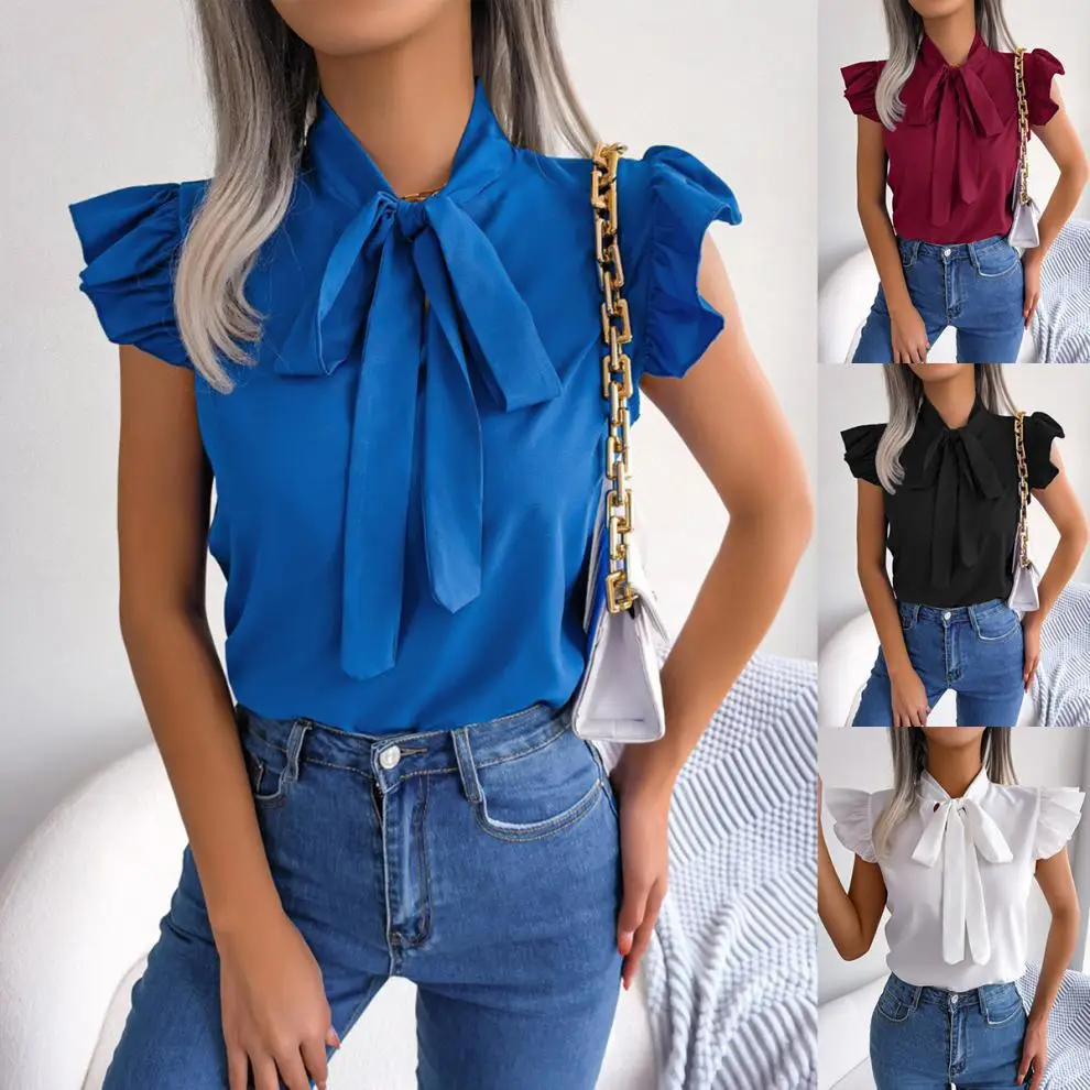 Blue Bow Short Sleeve Top for Women Summer Wear — feature 3
