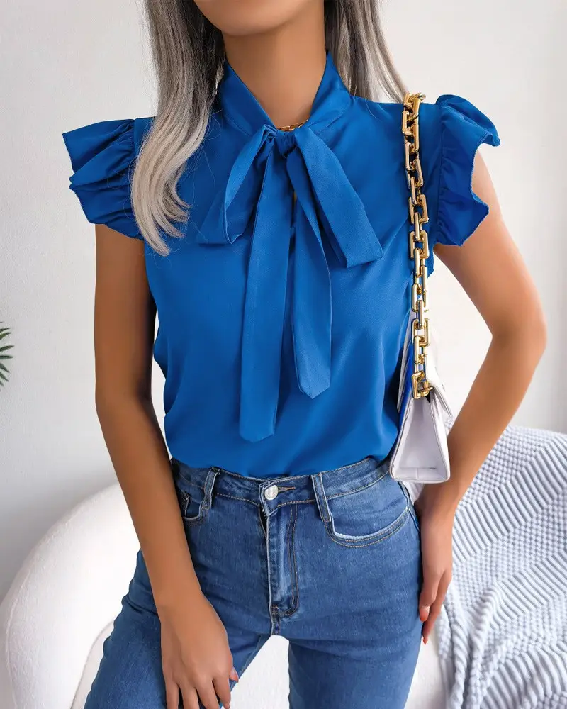 Blue Bow Short Sleeve Top for Women Summer Wear — feature 5