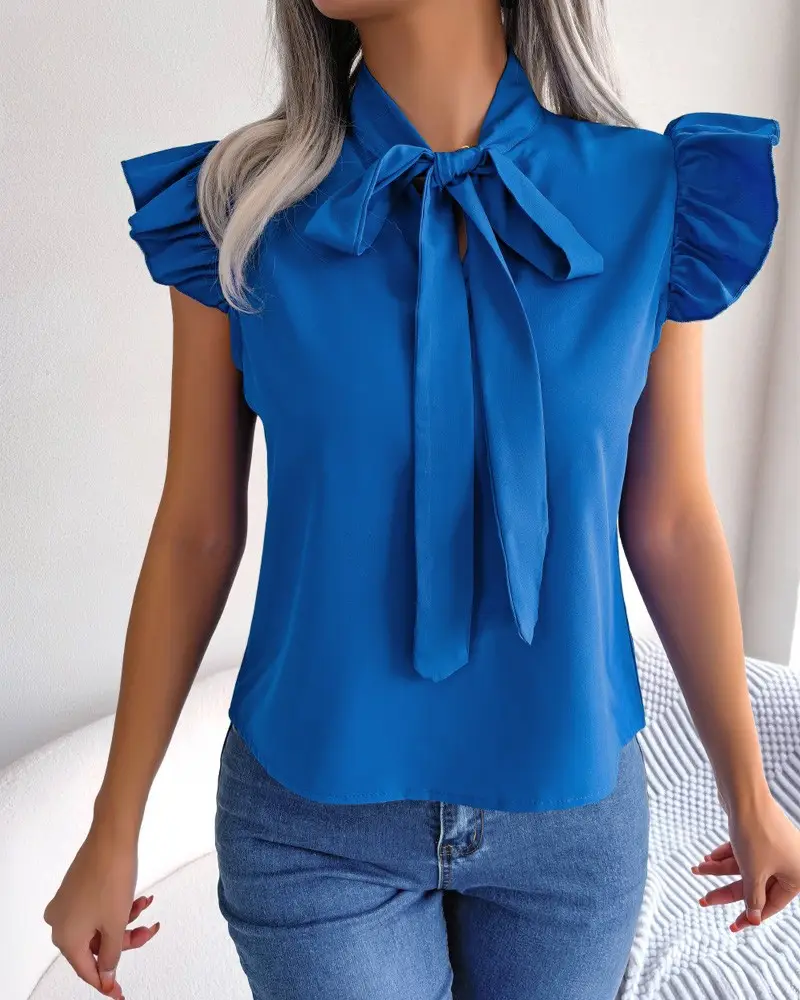 Blue Bow Short Sleeve Top for Women Summer Wear — feature 6