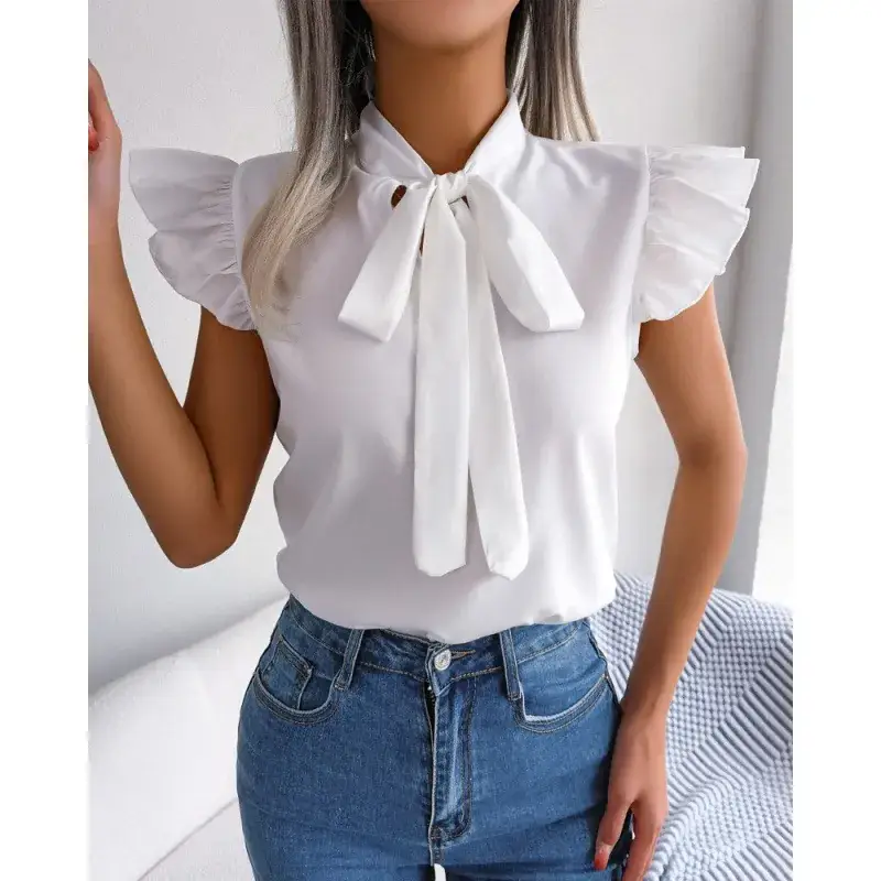 Blue Bow Short Sleeve Top for Women Summer Wear - Image 4