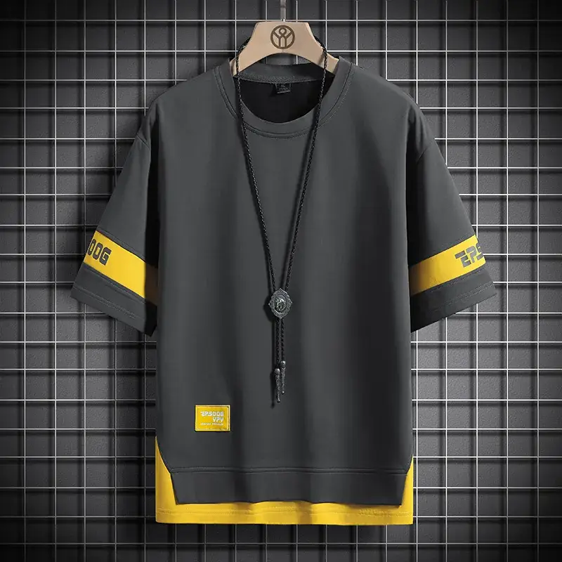 Men Grey Yellow T-Shirt Summer Casual Loose Fit - Image 4