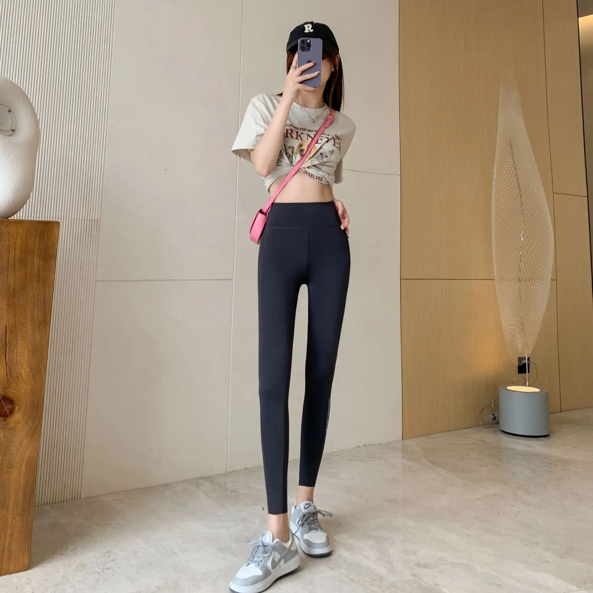 Women Shark Skin Leggings Black High Waist Slim Fit — feature 15