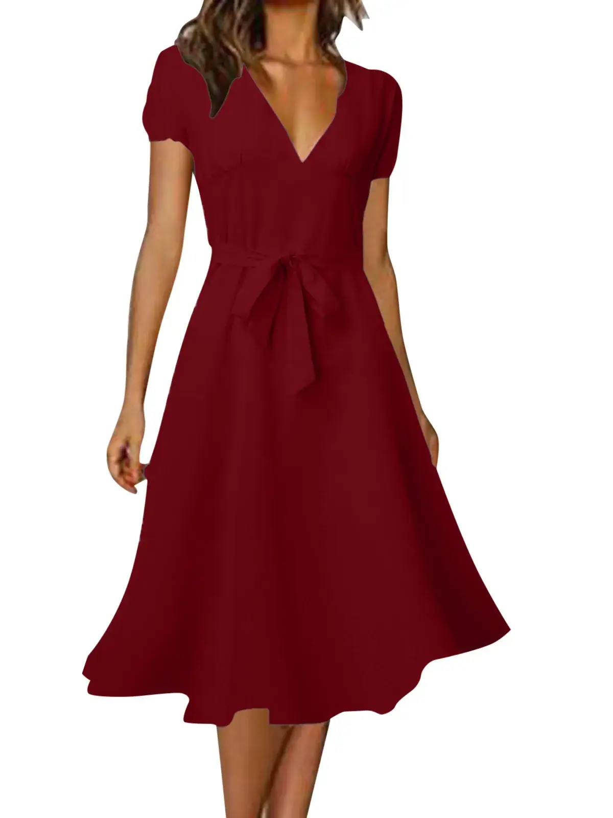 Women's V-Neck Floral Belted Dress White Blue - Image 28