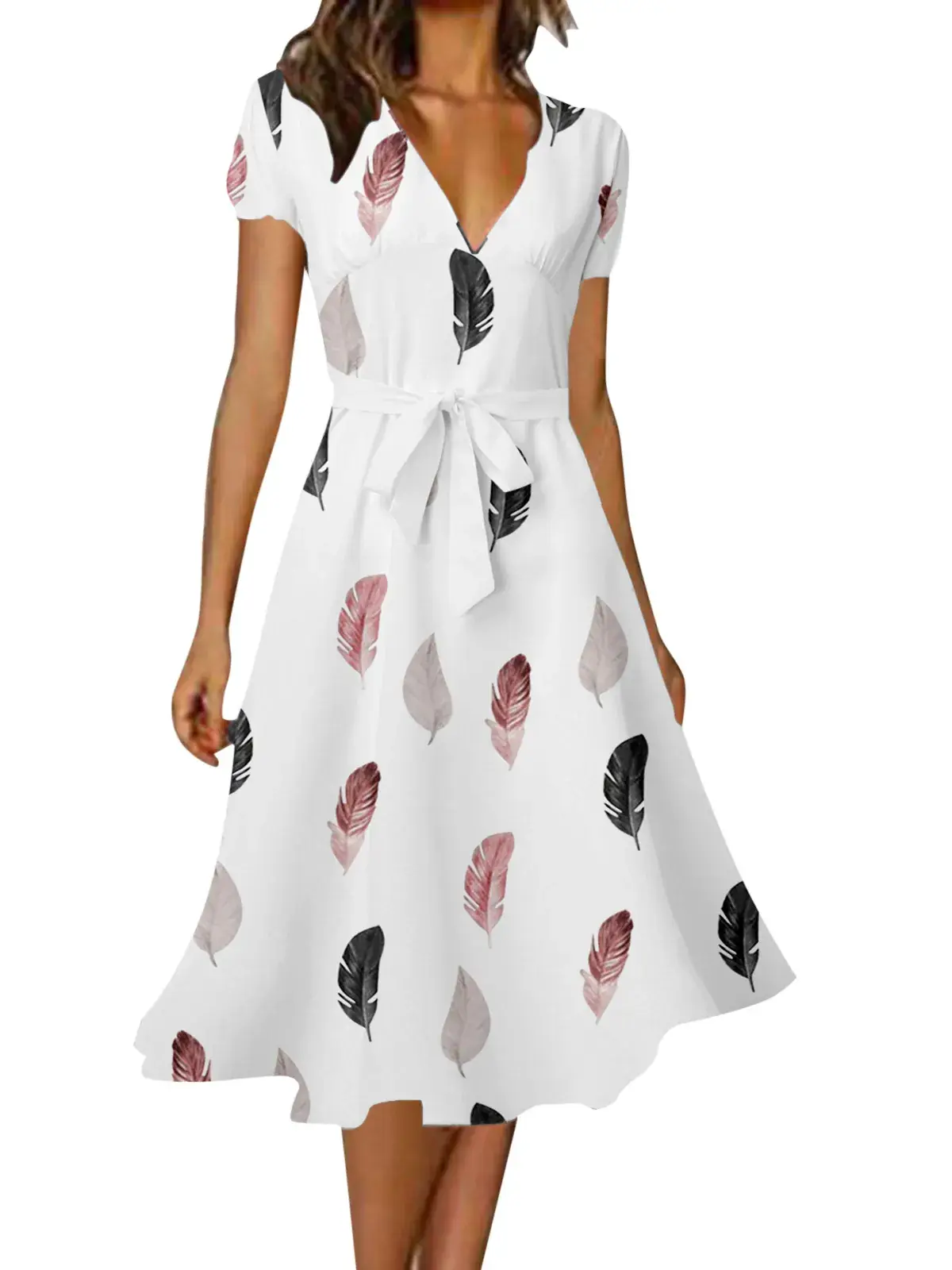 Women's V-Neck Floral Belted Dress White Blue - Image 30