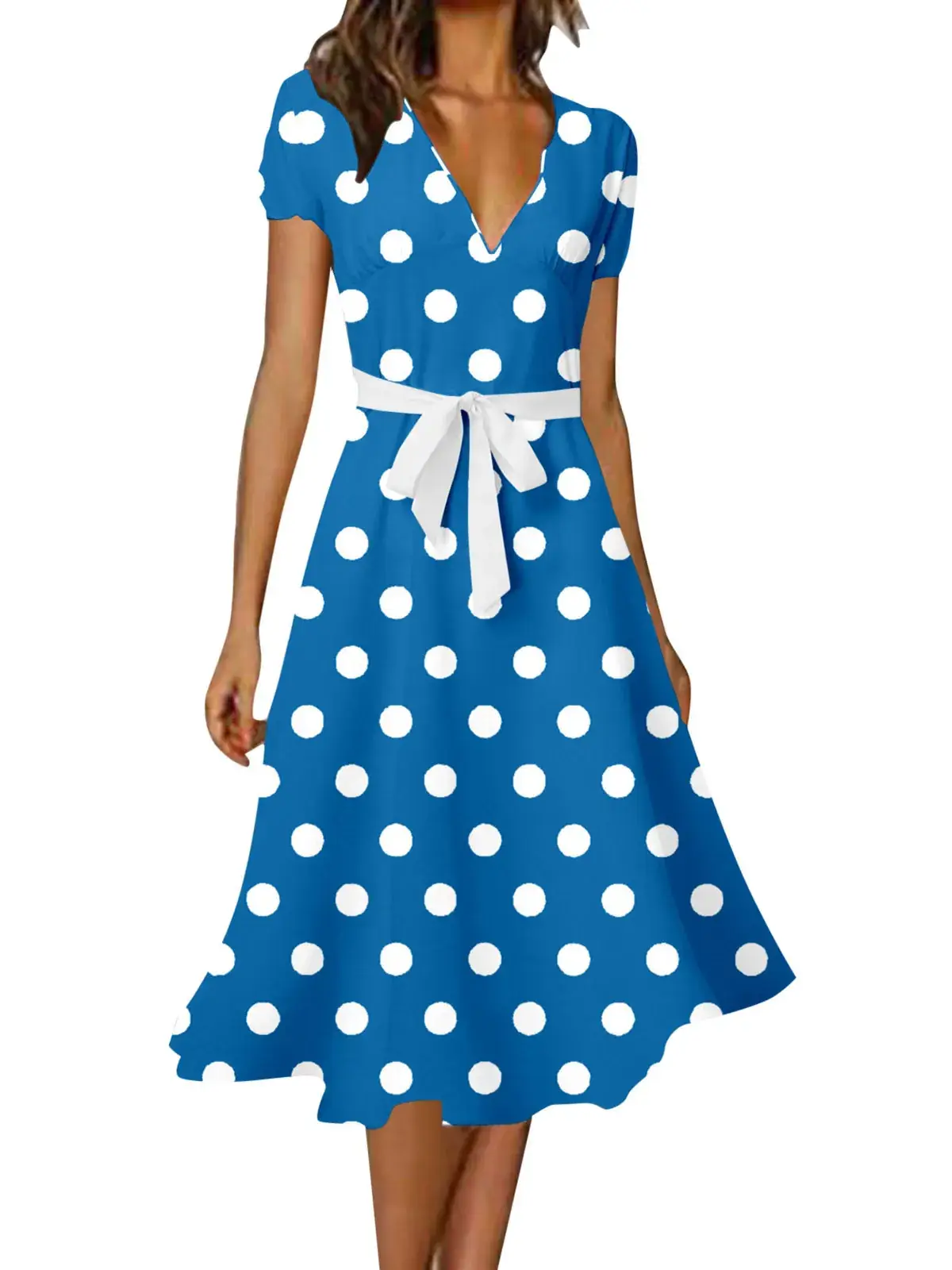 Women's V-Neck Floral Belted Dress White Blue - Image 31