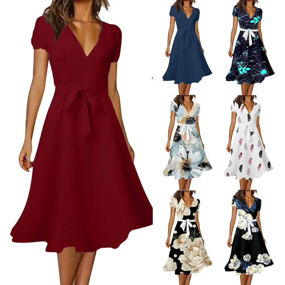 Women's V-Neck Floral Belted Dress White Blue — feature 3