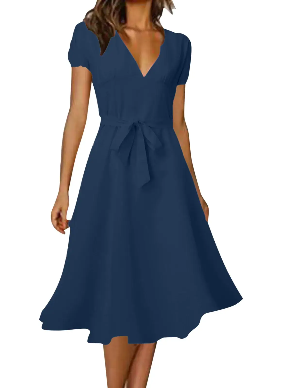 Women's V-Neck Floral Belted Dress White Blue — feature 5