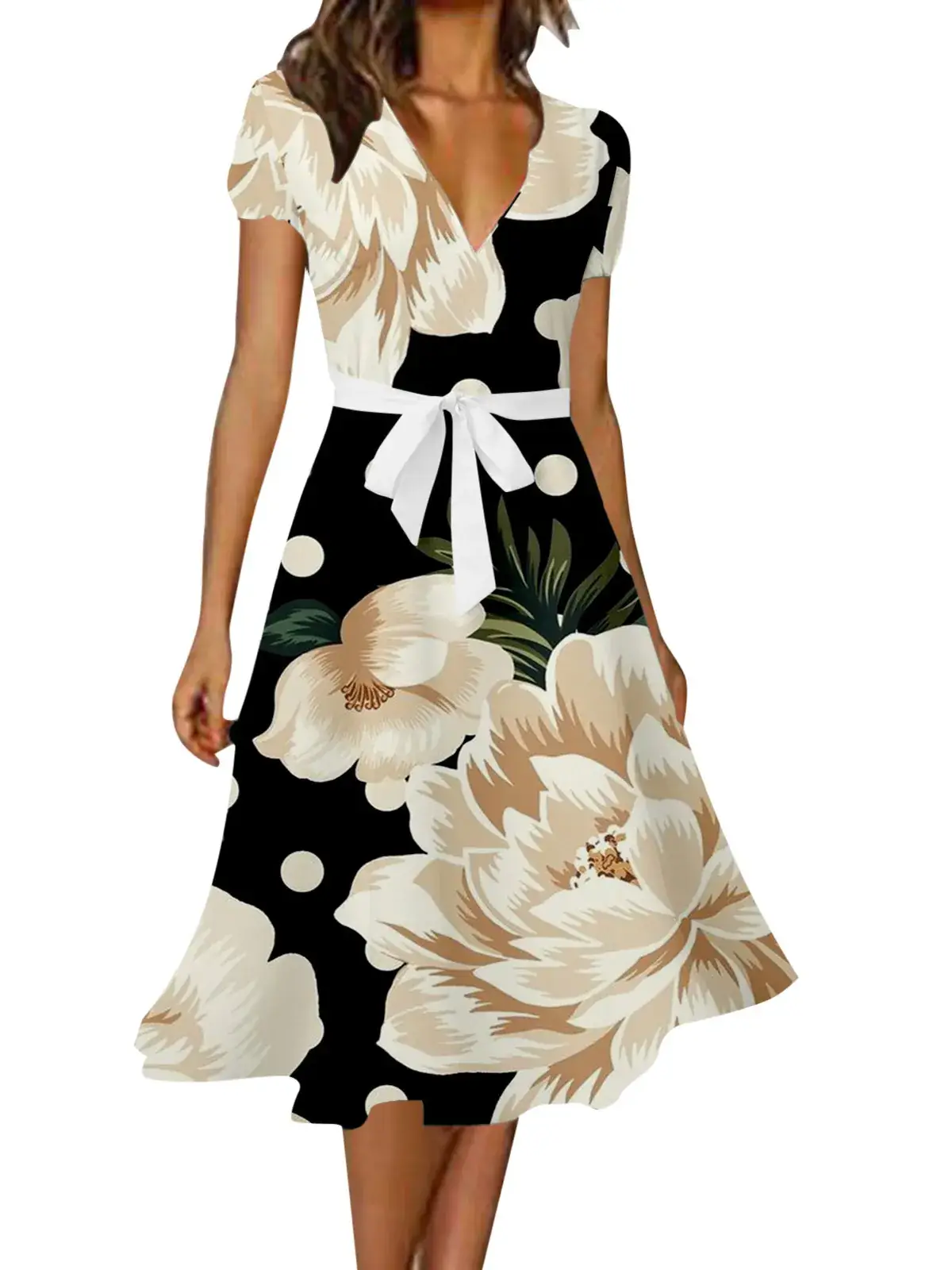 Women's V-Neck Floral Belted Dress White Blue — feature 7