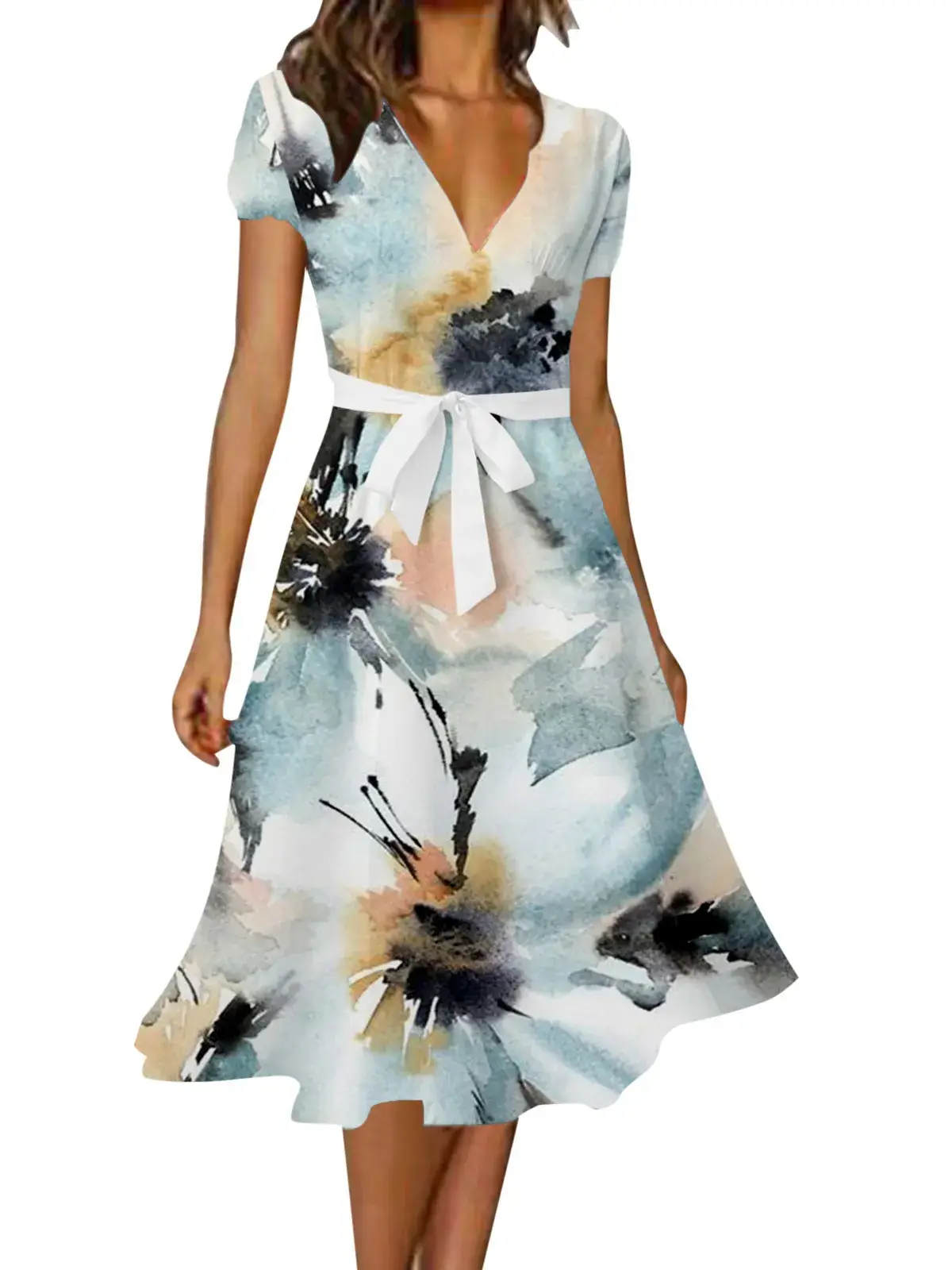 Women's V-Neck Floral Belted Dress White Blue — feature 8