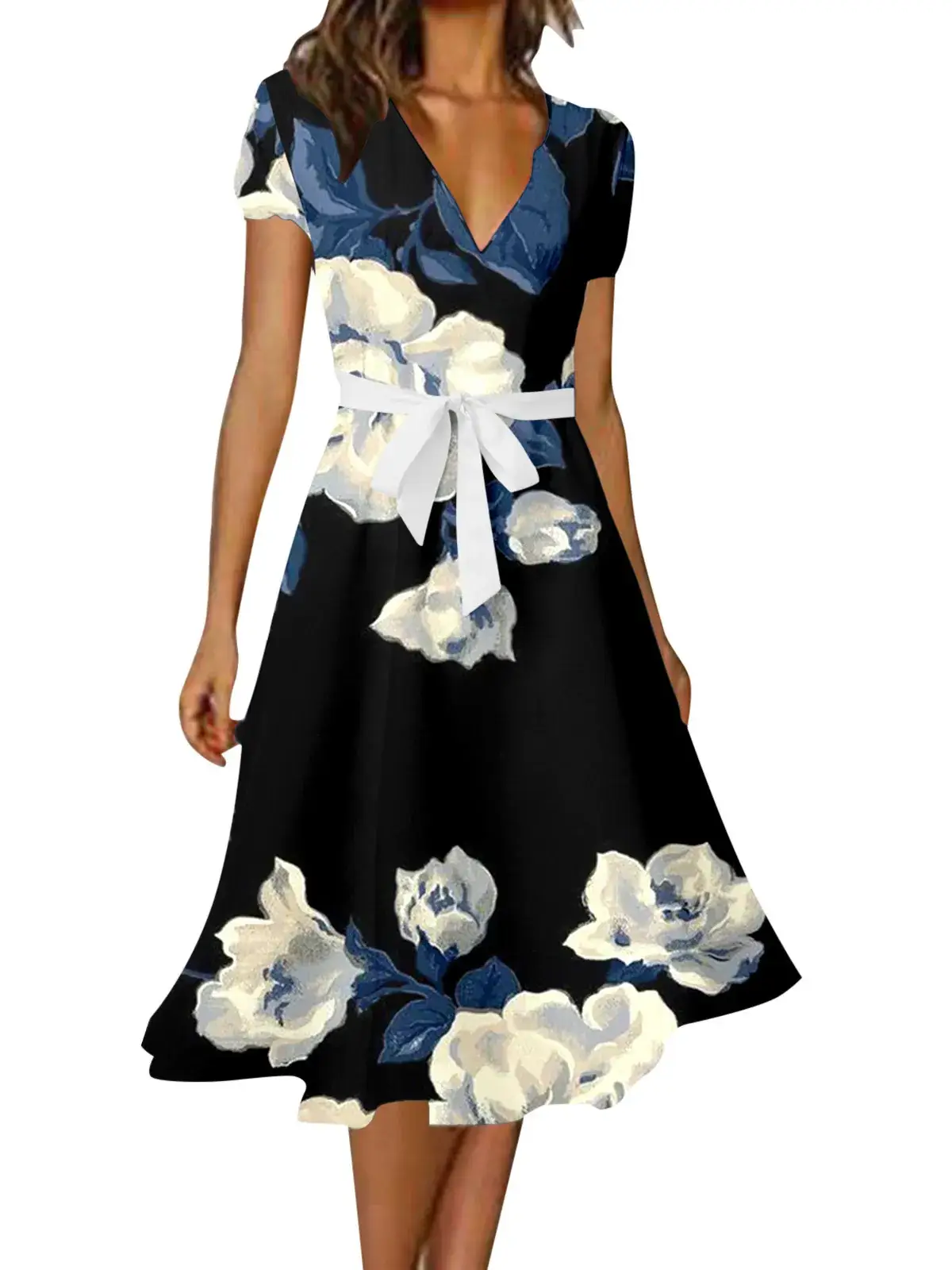 Women's V-Neck Floral Belted Dress White Blue — feature 9