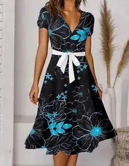 Women's V-Neck Floral Belted Dress White Blue - Image 9