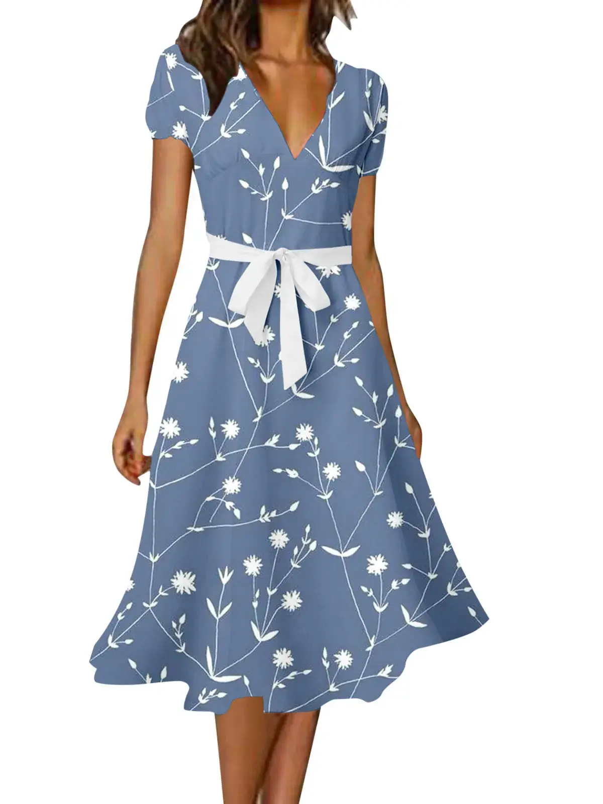 Women's V-Neck Floral Belted Dress White Blue - Image 22