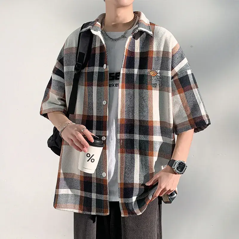 Men's Plaid Short Sleeve Shirt 2023 Summer Loose Fit - Image 2