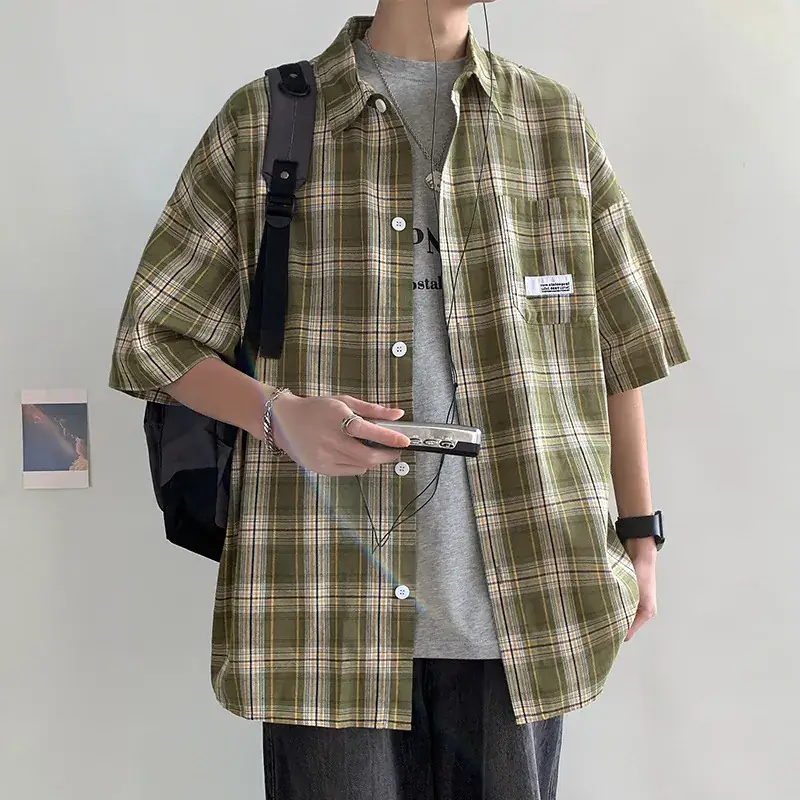 Men's Plaid Short Sleeve Shirt 2023 Summer Loose Fit - Image 3