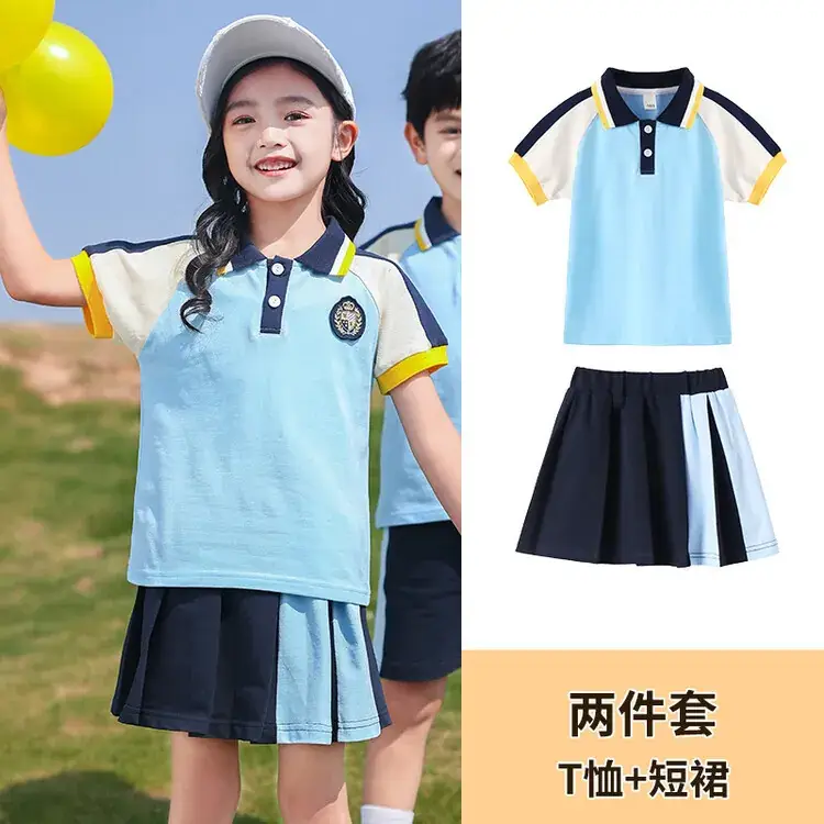 Kids Blue Polo T-Shirt & Skirt Set Spring Autumn School Uniform - Image 2