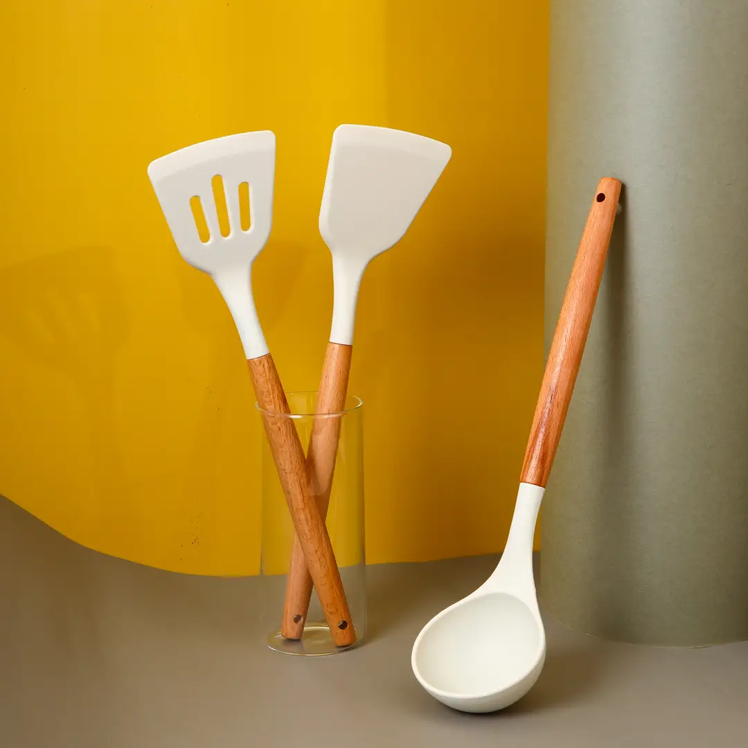INS white wooden handle silicone spatula kitchenware 3 piece set silicone spatula suit kitchen soup spoon cooking kitchenware spatula