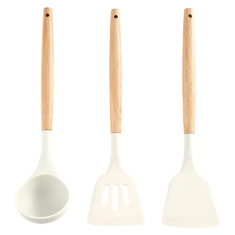 INS white wooden handle silicone spatula kitchenware 3 piece set silicone spatula suit kitchen soup spoon cooking kitchenware spatula