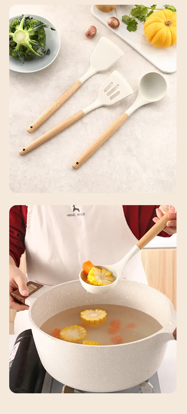 INS white wooden handle silicone spatula kitchenware 3 piece set silicone spatula suit kitchen soup spoon cooking kitchenware spatula — feature 11