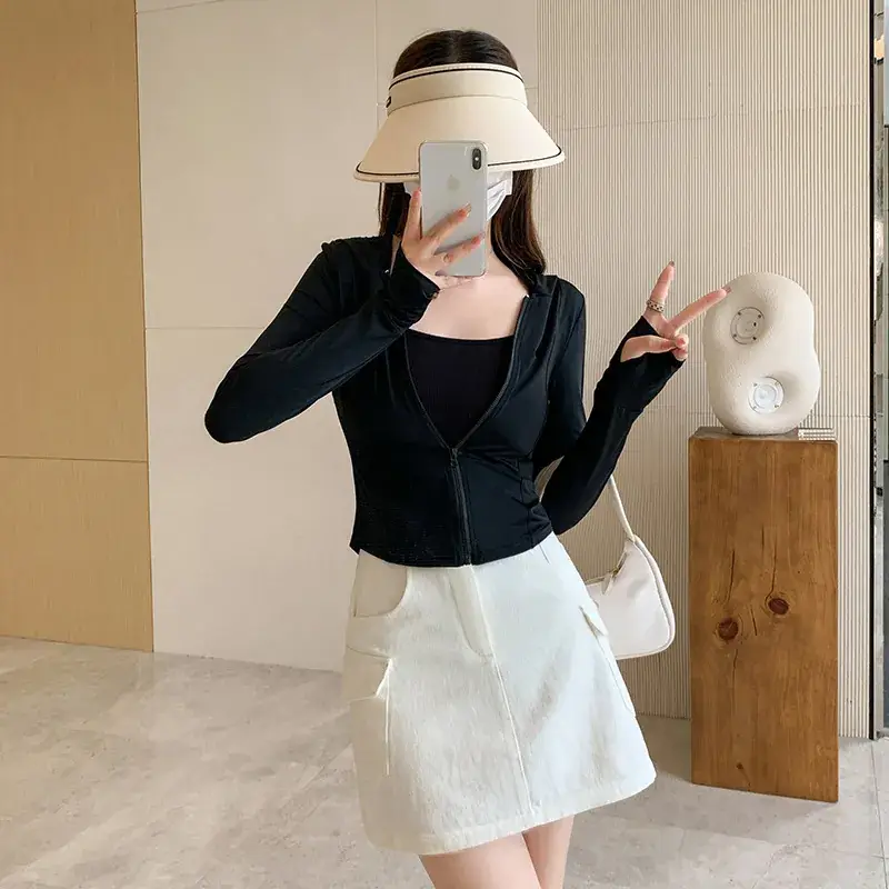Women Sun Protection Hooded Jacket Black White Set - Image 2