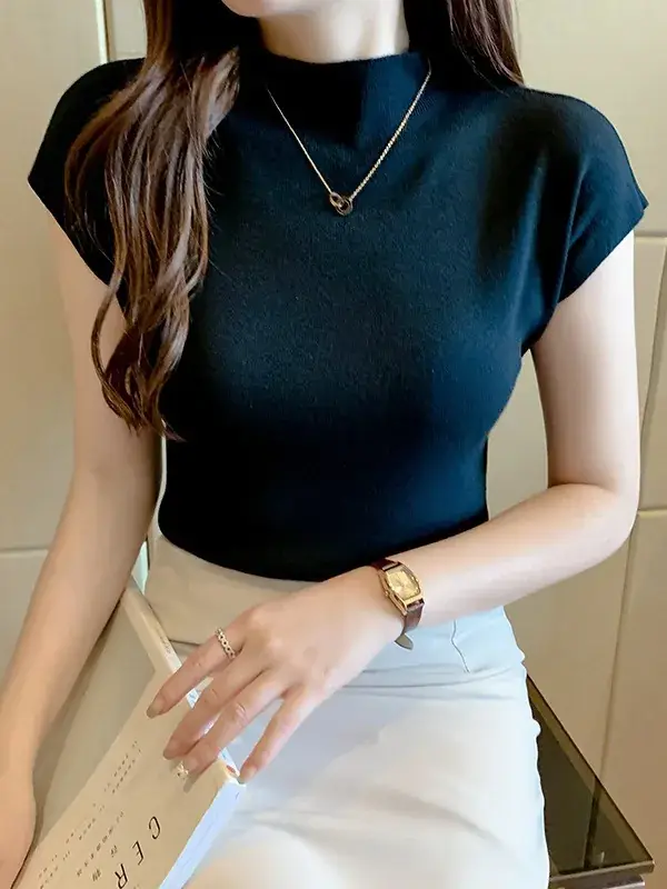 Women's Black Half Turtleneck Short Sleeve T-Shirt - Image 10