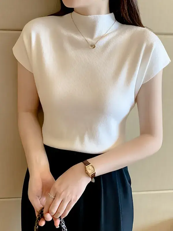 Women's Black Half Turtleneck Short Sleeve T-Shirt - Image 11