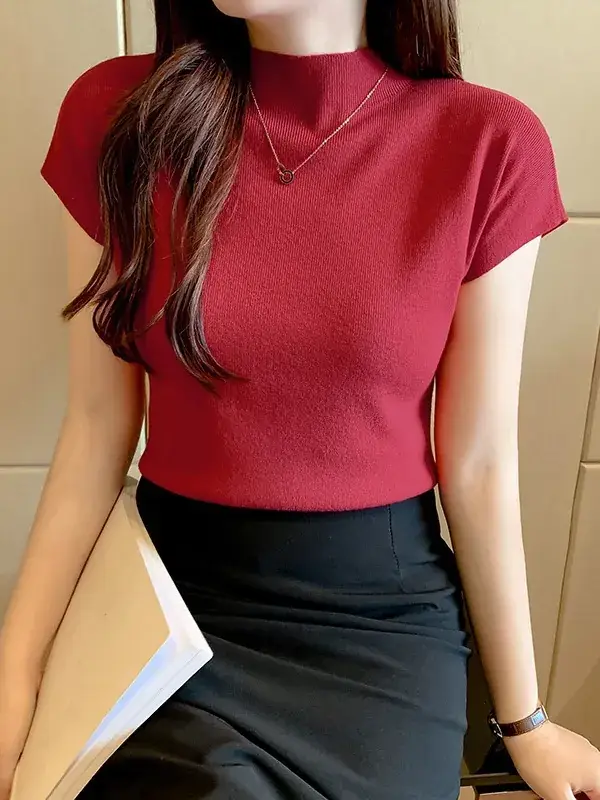 Women's Black Half Turtleneck Short Sleeve T-Shirt - Image 12