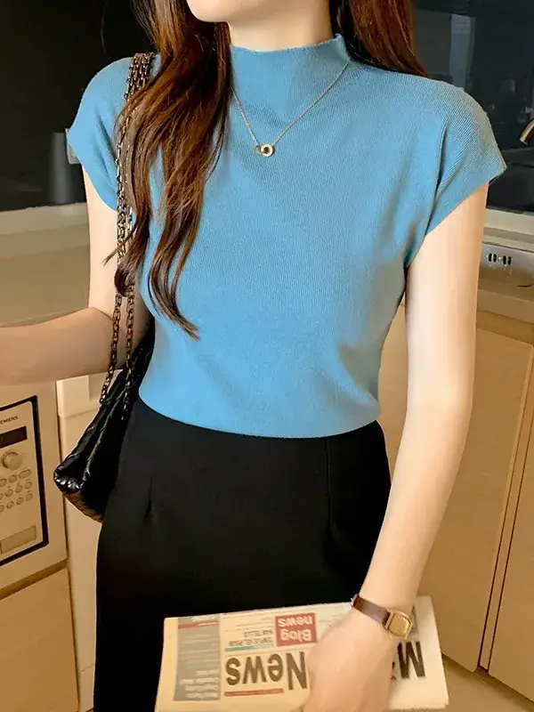 Women's Black Half Turtleneck Short Sleeve T-Shirt - Image 13