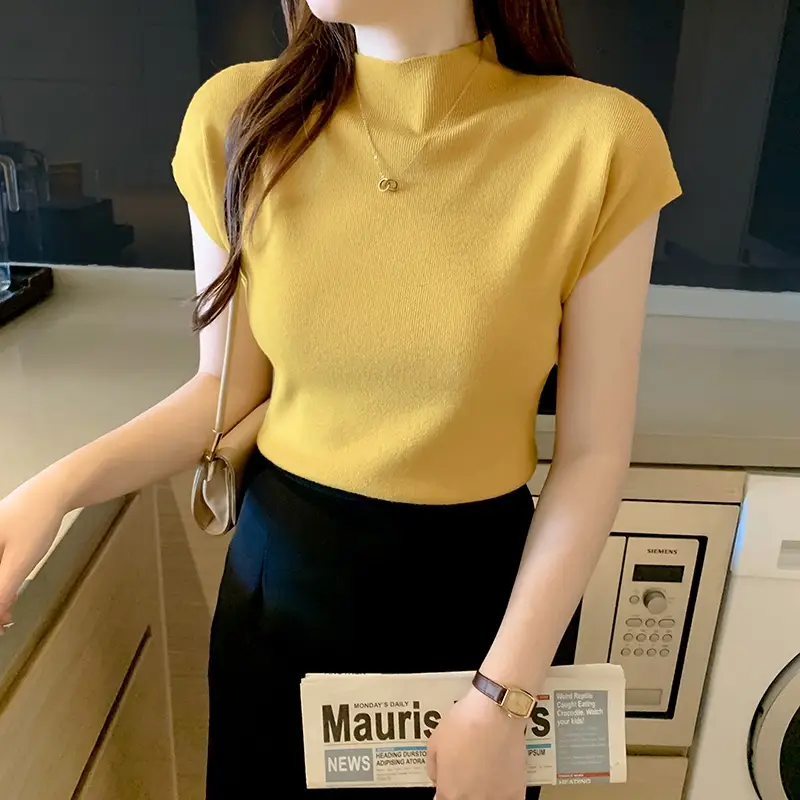 Women's Black Half Turtleneck Short Sleeve T-Shirt — feature 2