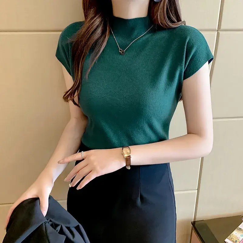 Women's Black Half Turtleneck Short Sleeve T-Shirt - Image 5