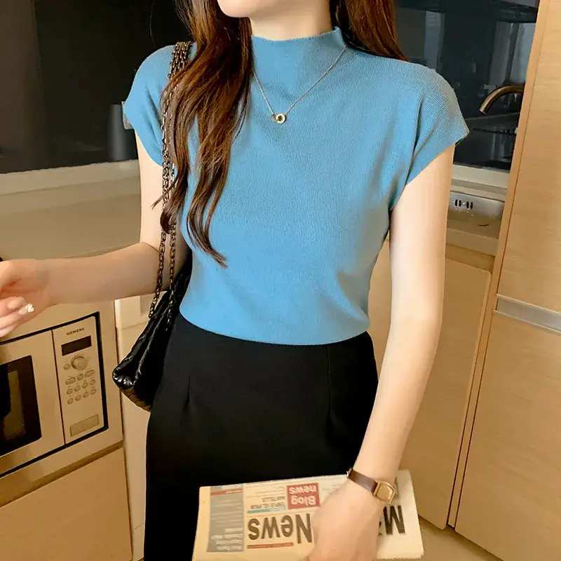 Women's Black Half Turtleneck Short Sleeve T-Shirt - Image 6
