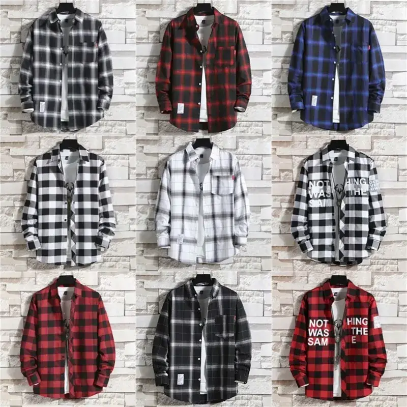 Men's Black White Plaid Long Sleeve Shirt Slim Fit Autumn - Image 27