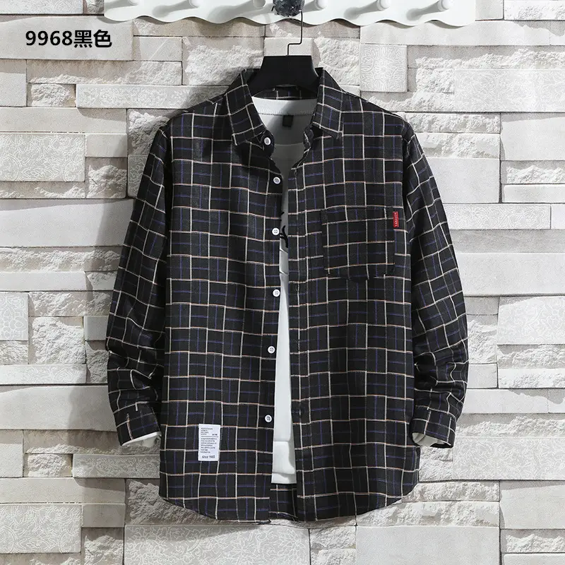 Men's Black White Plaid Long Sleeve Shirt Slim Fit Autumn — feature 10