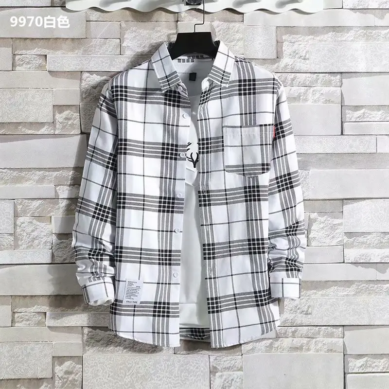 Men's Black White Plaid Long Sleeve Shirt Slim Fit Autumn — feature 15