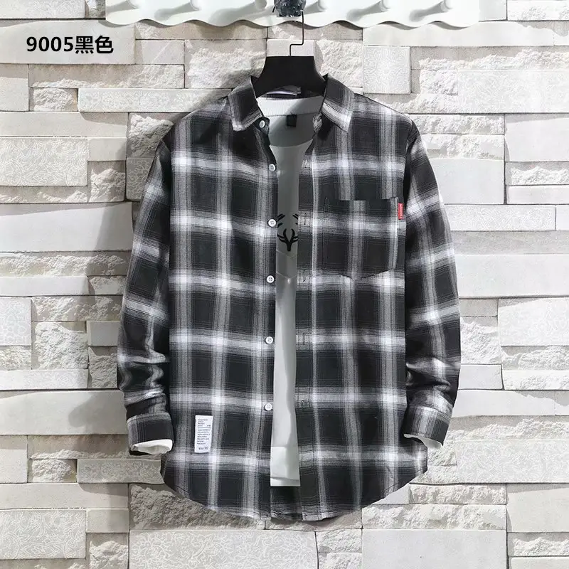 Men's Black White Plaid Long Sleeve Shirt Slim Fit Autumn — feature 4