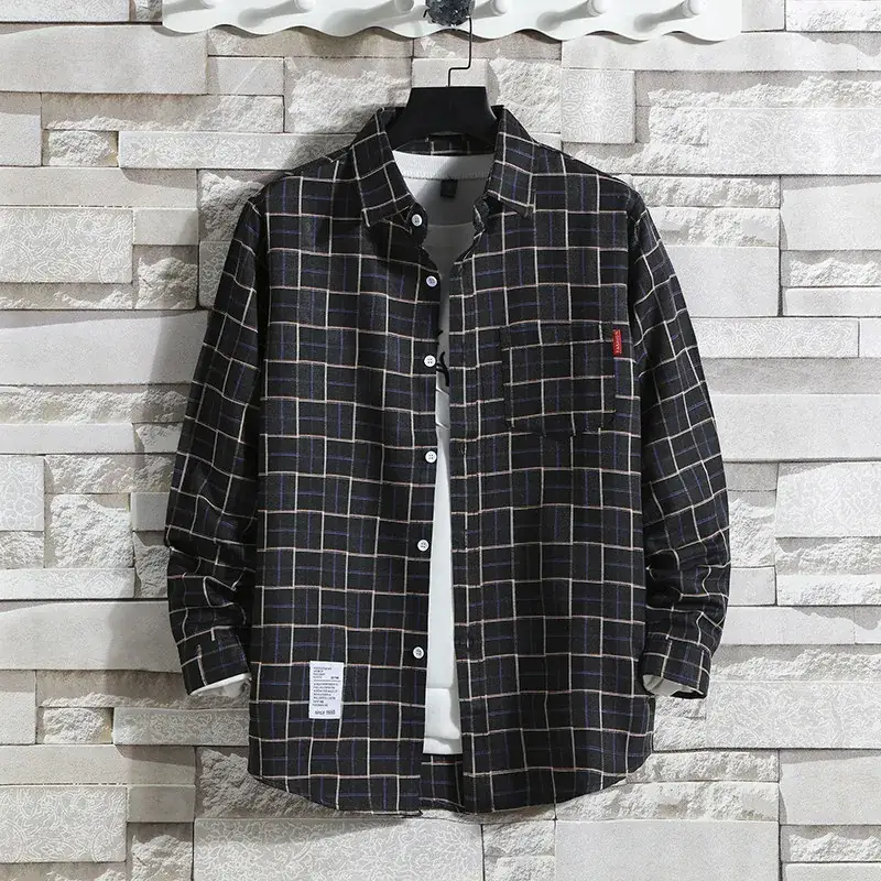 Men's Black White Plaid Long Sleeve Shirt Slim Fit Autumn - Image 9