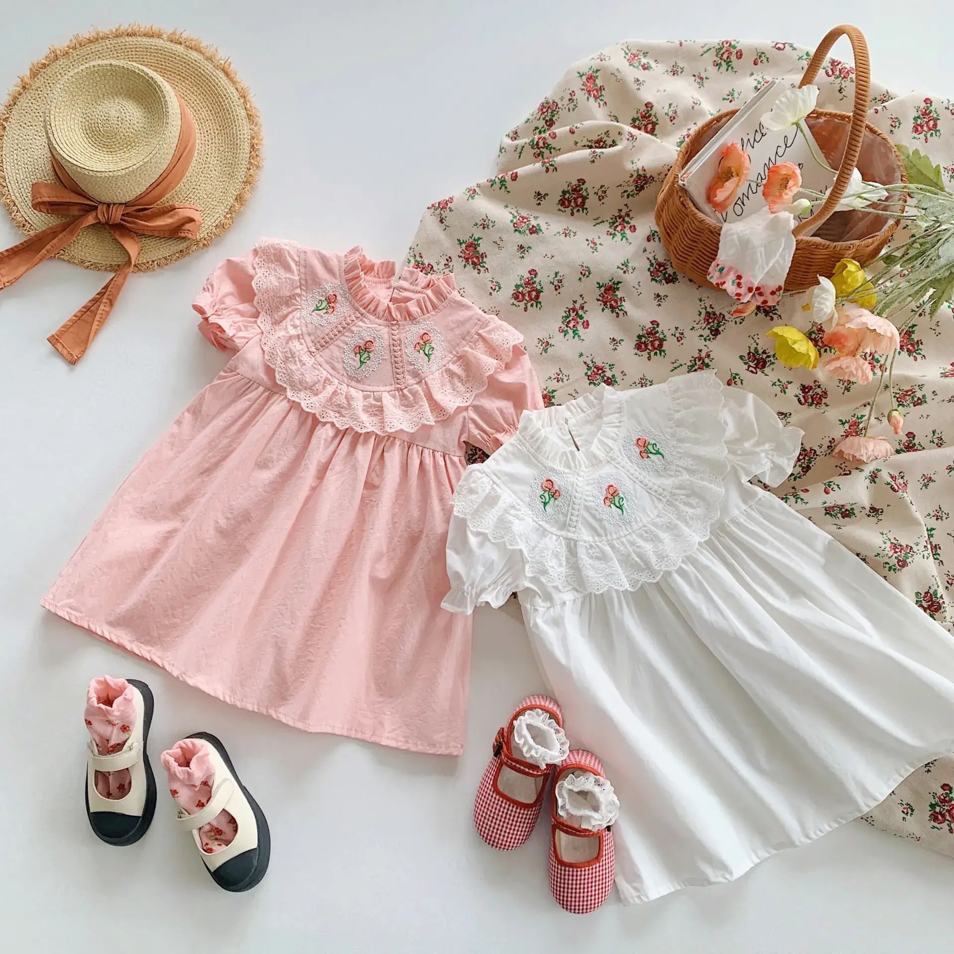 French Retro Rose Embroidered Girls Dress Pink White