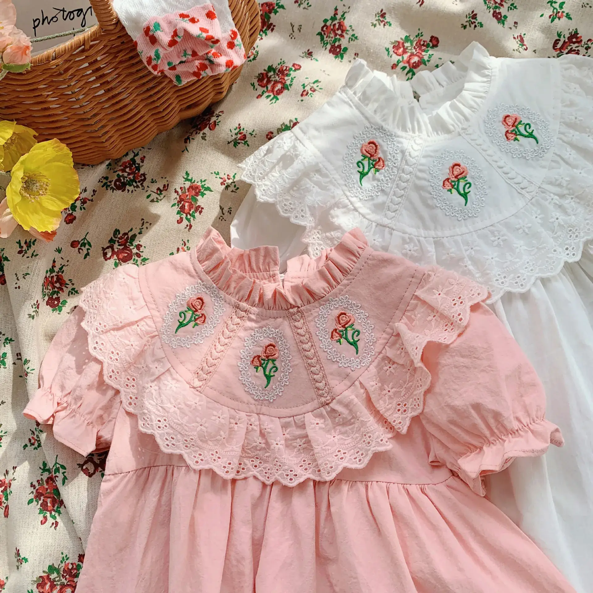 French Retro Rose Embroidered Girls Dress Pink White