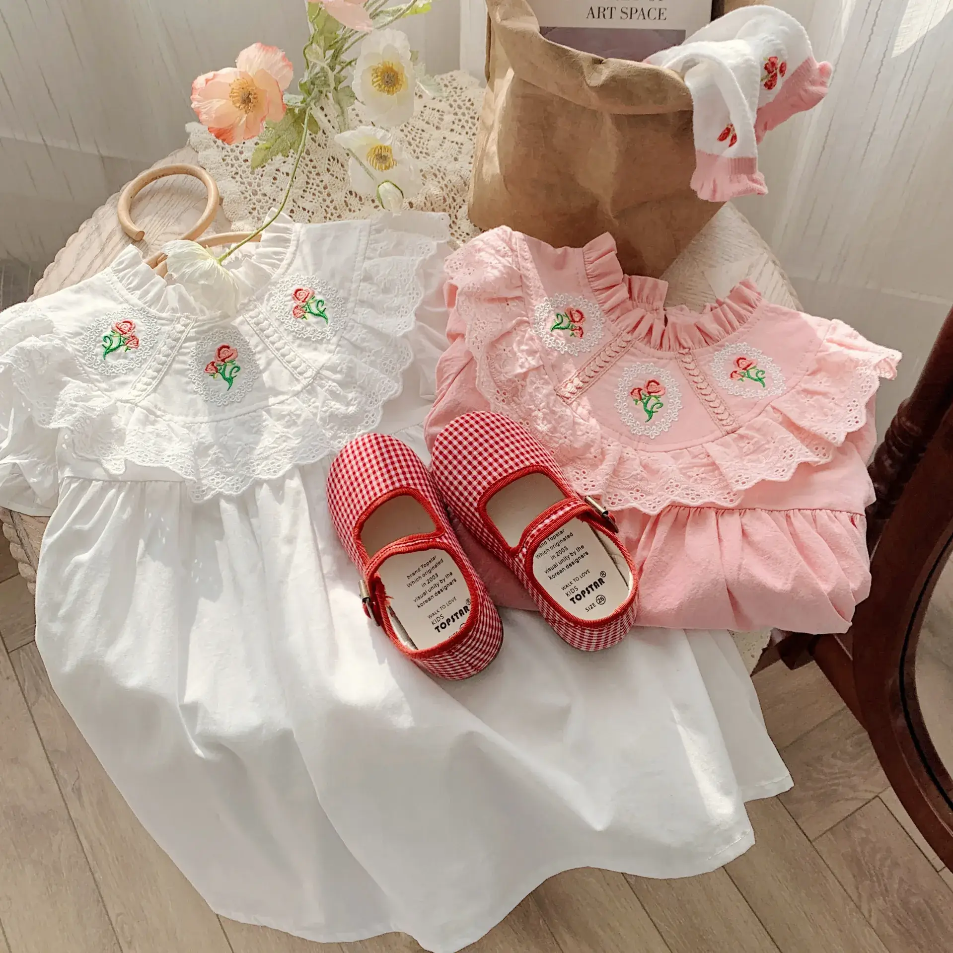French Retro Rose Embroidered Girls Dress Pink White
