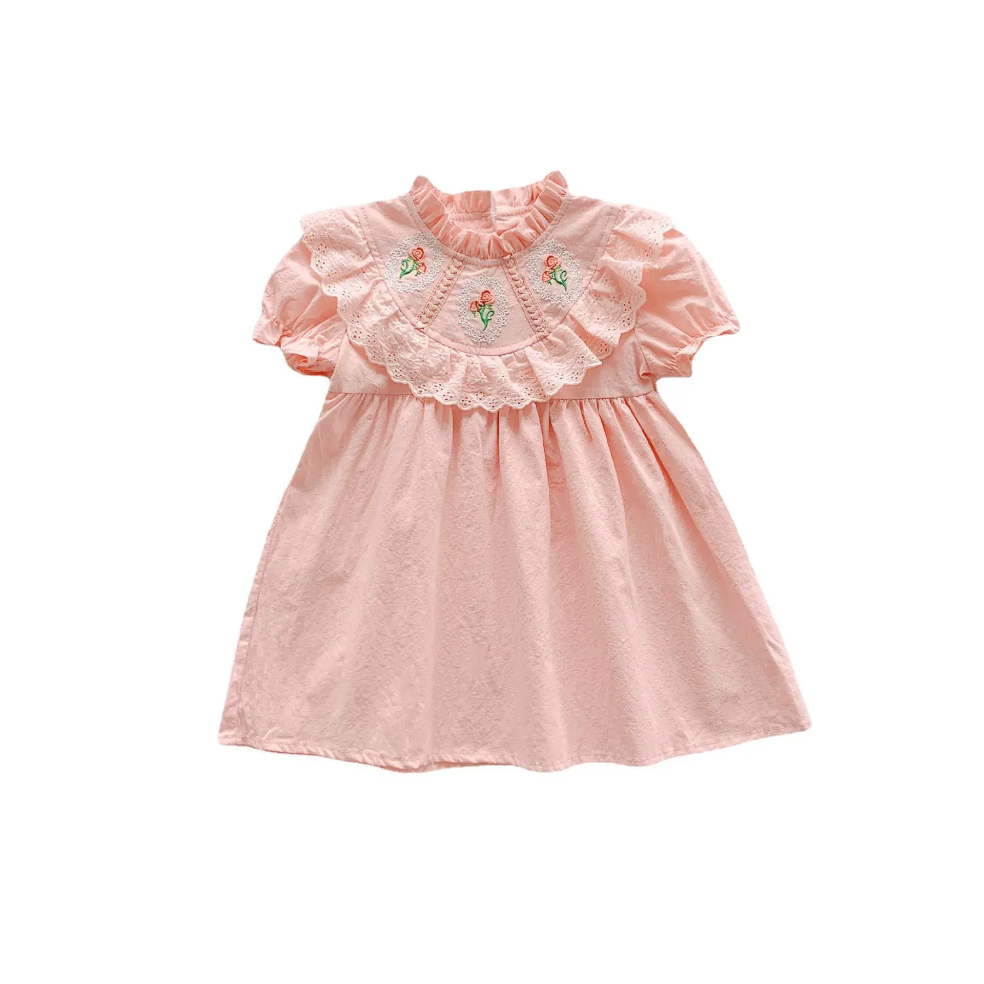 French Retro Rose Embroidered Girls Dress Pink White