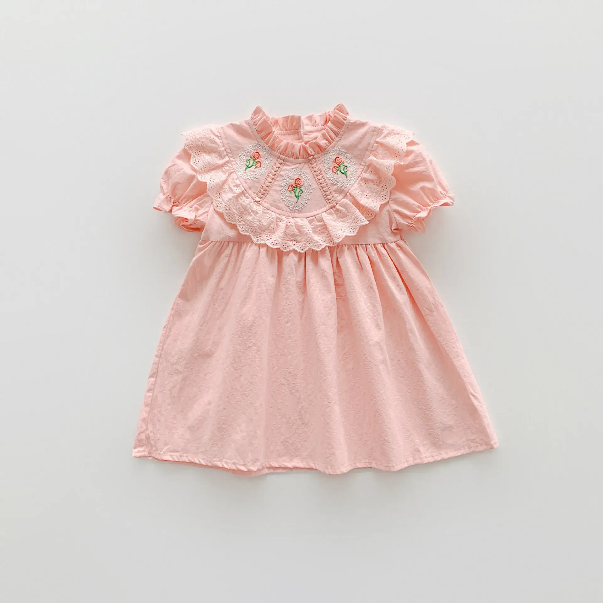 French Retro Rose Embroidered Girls Dress Pink White