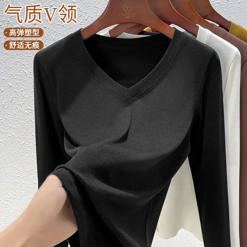 Women V-Neck Long Sleeve T-Shirt Brown 2025 - Image 20