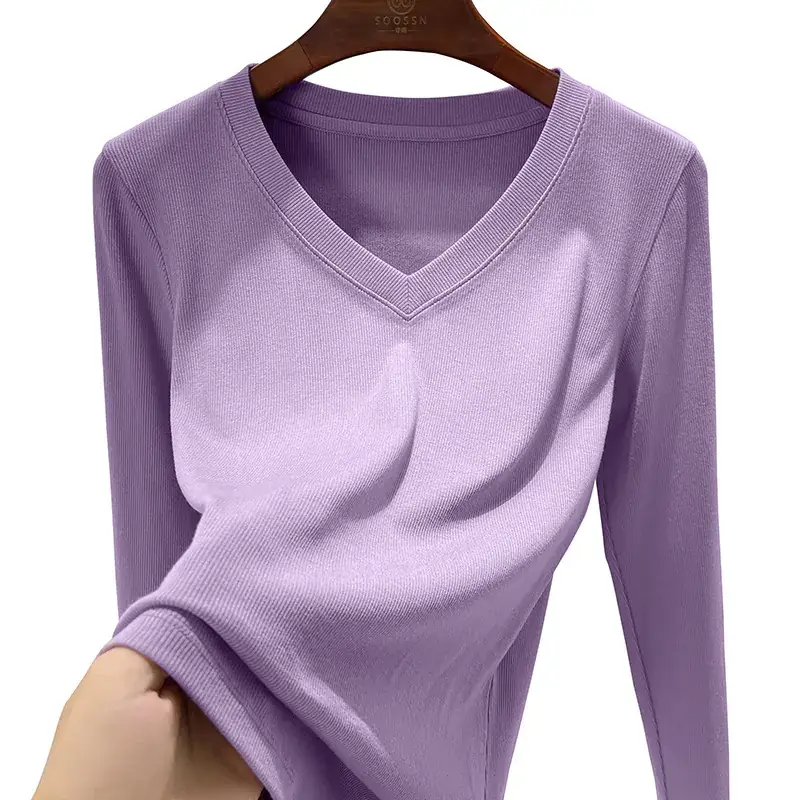 Women V-Neck Long Sleeve T-Shirt Brown 2025 - Image 24
