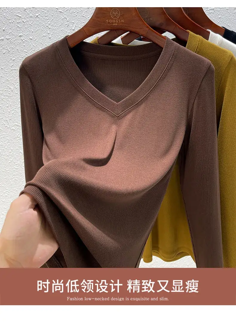 Women V-Neck Long Sleeve T-Shirt Brown 2025 — feature 12