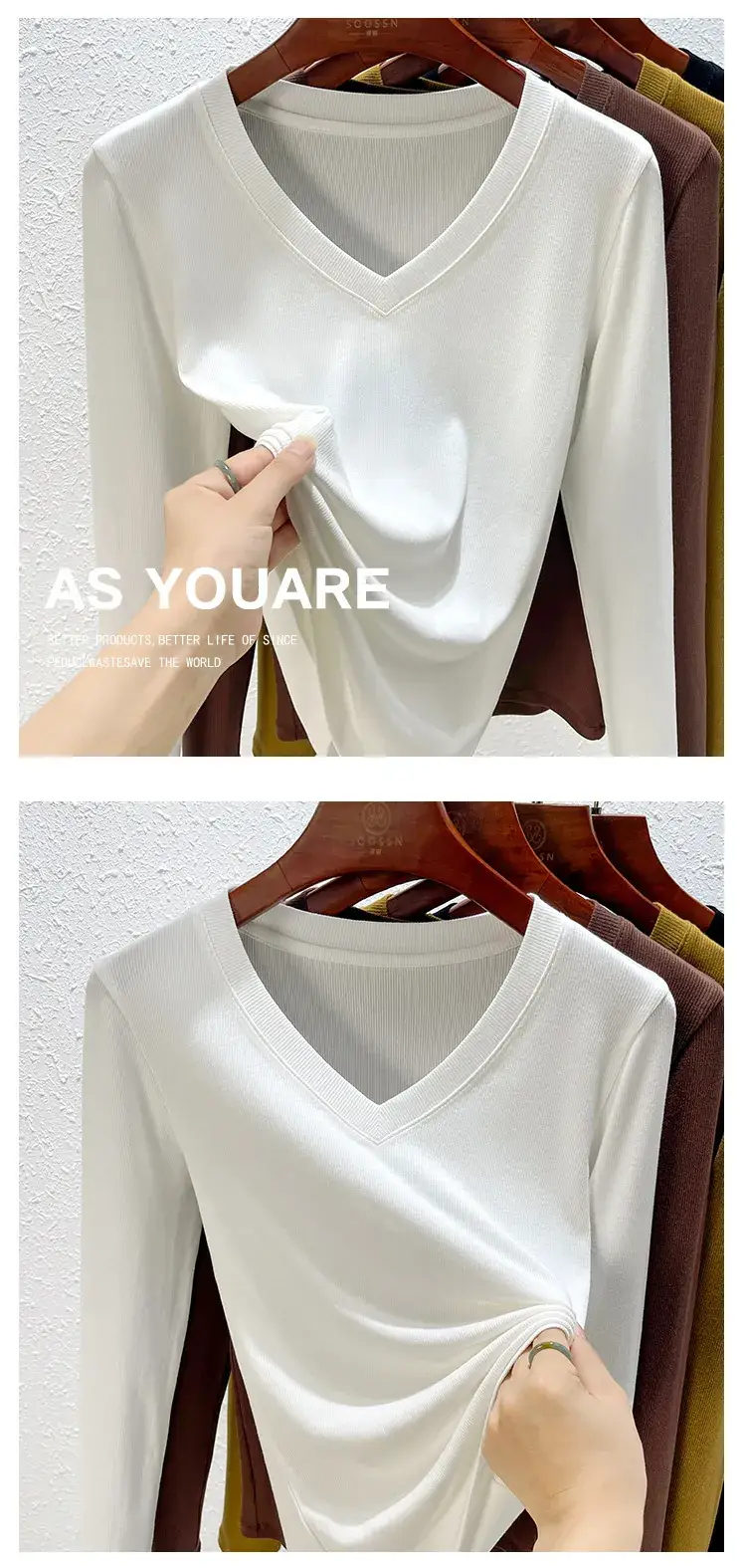 Women V-Neck Long Sleeve T-Shirt Brown 2025 — feature 21