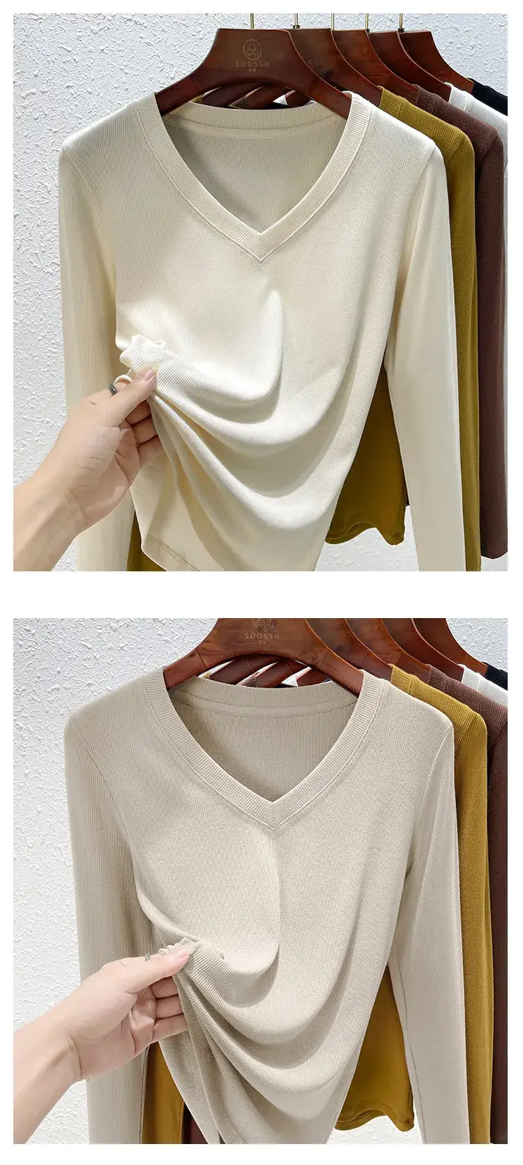 Women V-Neck Long Sleeve T-Shirt Brown 2025 — feature 23