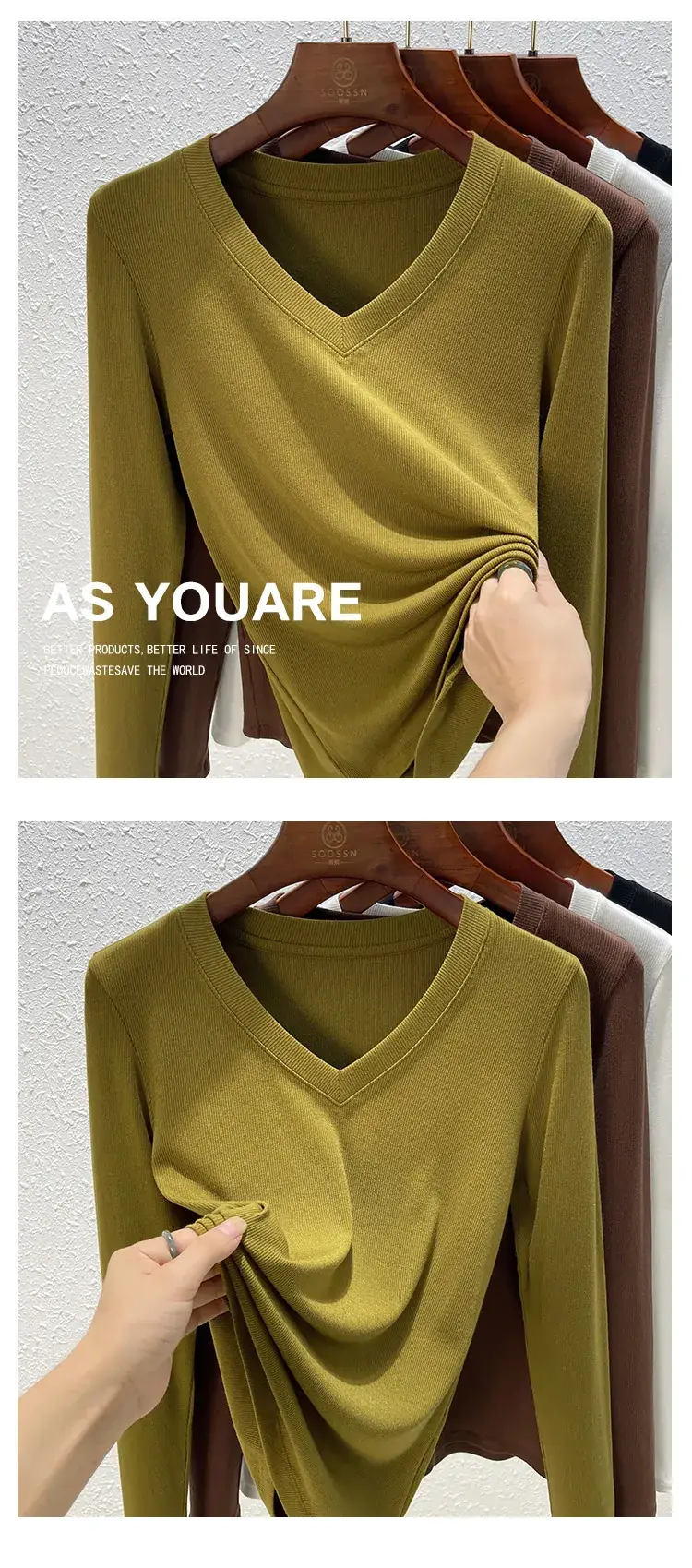 Women V-Neck Long Sleeve T-Shirt Brown 2025 — feature 24