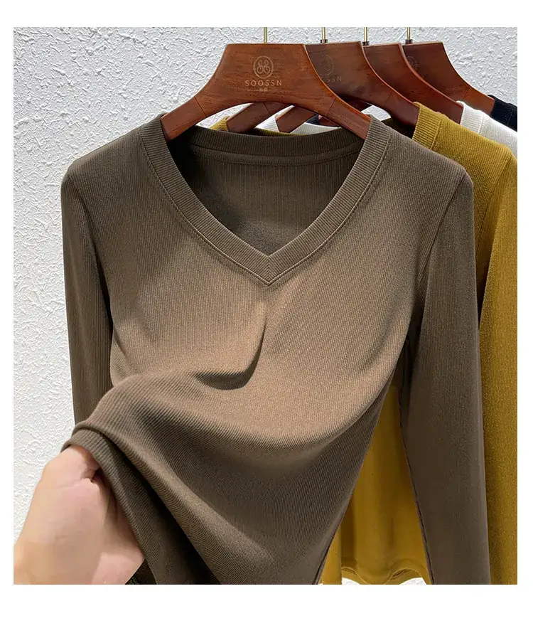Women V-Neck Long Sleeve T-Shirt Brown 2025 — feature 25